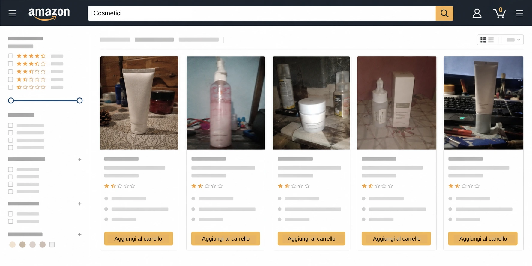 Pagina di ricerca Amazon del brand prima dell’ottimizzazione